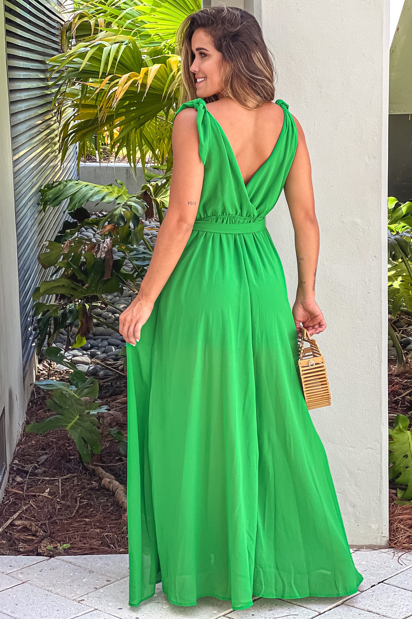 green v-back maxi dress