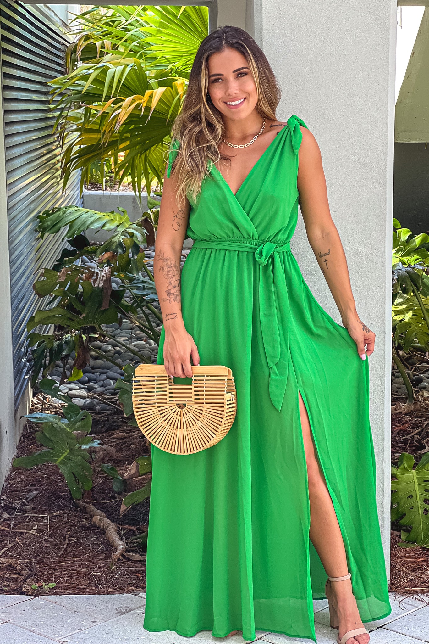 green v-neck maxi dress with tie straps