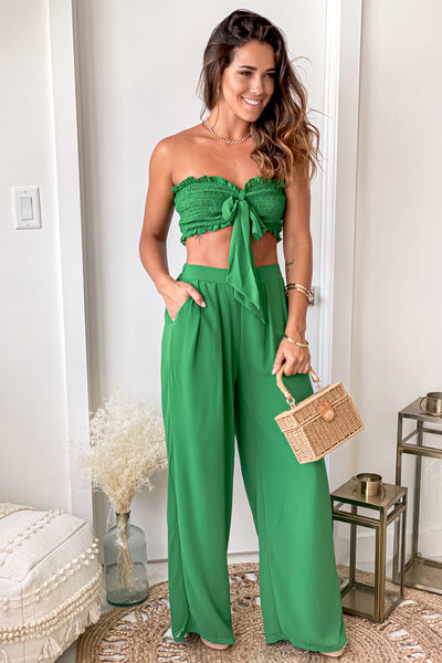 green wide leg pants and top set
