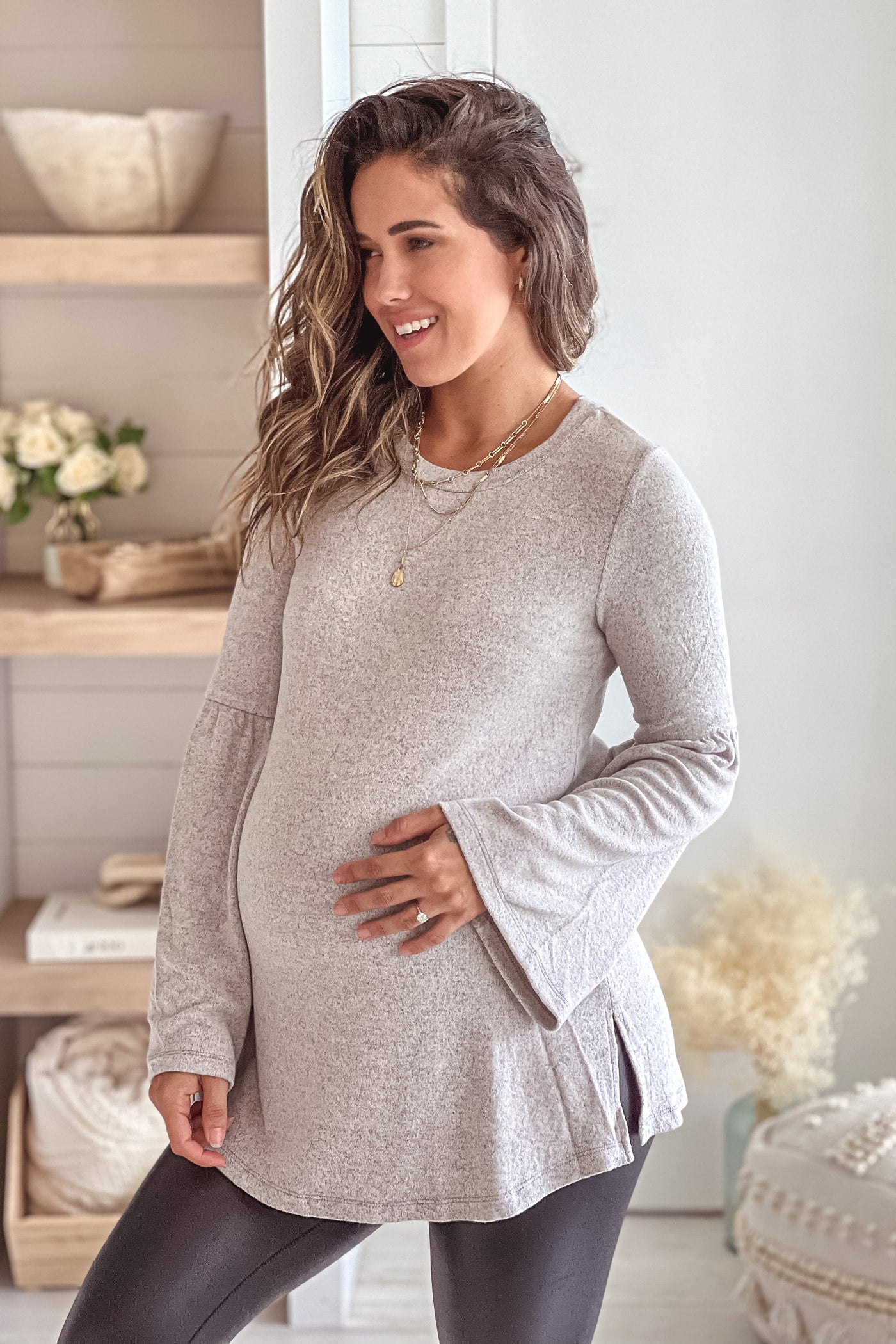 heather gray maternity top with slits