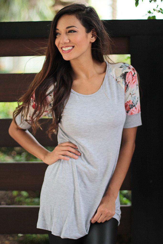 Heather Gray Top With Floral Sleeves