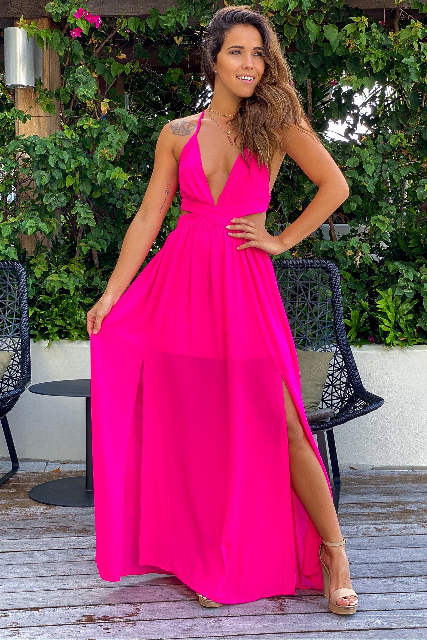 Hot Pink Maxi Dress With Cut Outs and Side Slit
