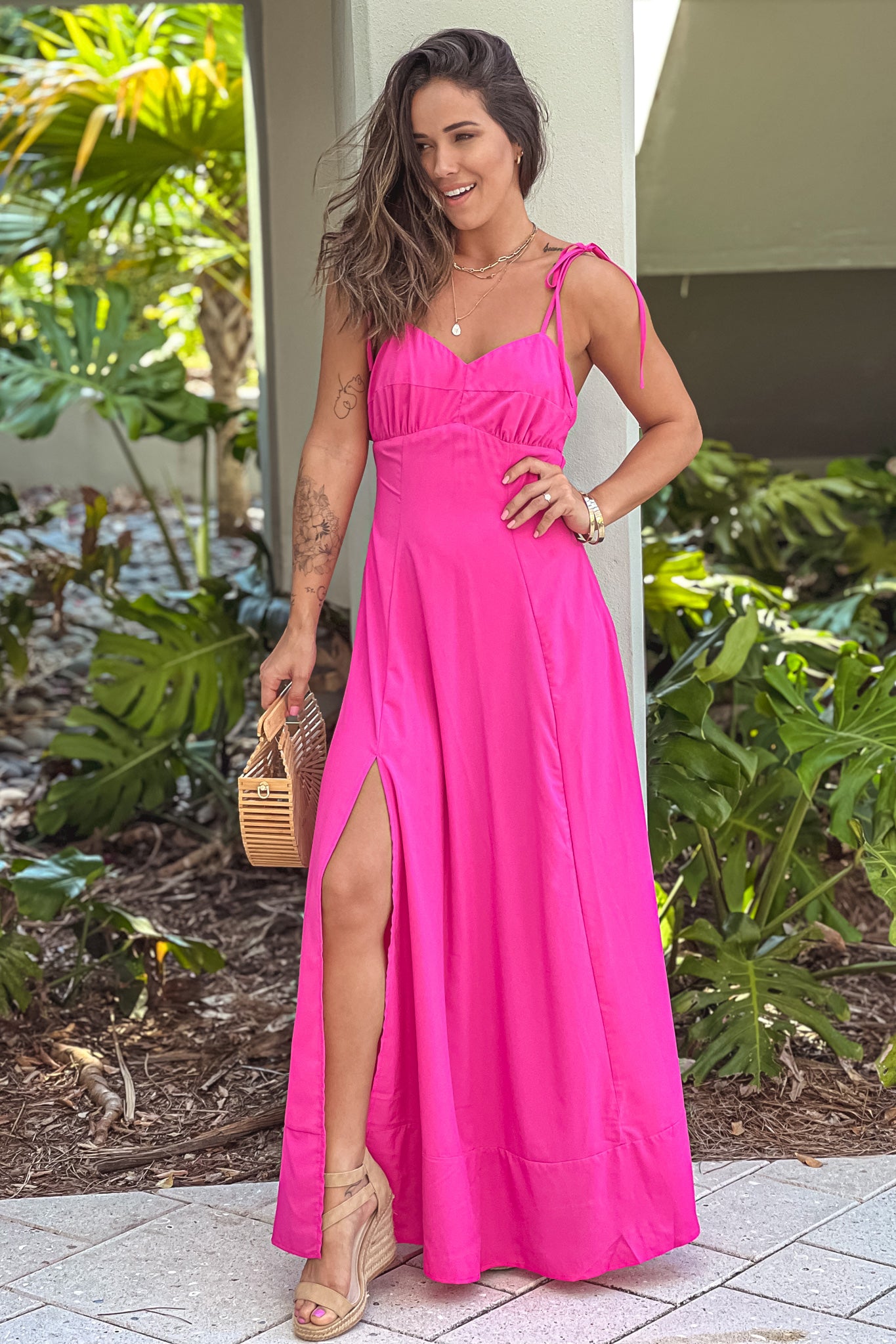 hot pink maxi dress with tie straps
