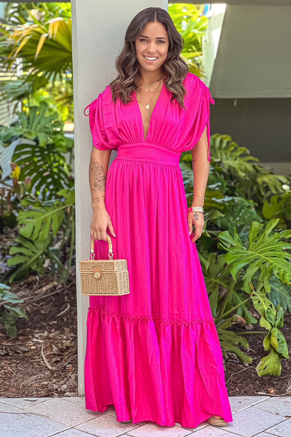 Hot Pink Deep V-Neck Maxi Dress | Maxi Dresses – Saved by the Dress