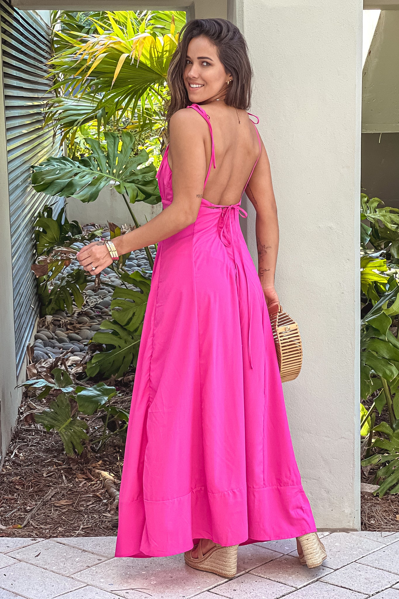 Hot Pink Maxi Dress With Slit And Tie Straps