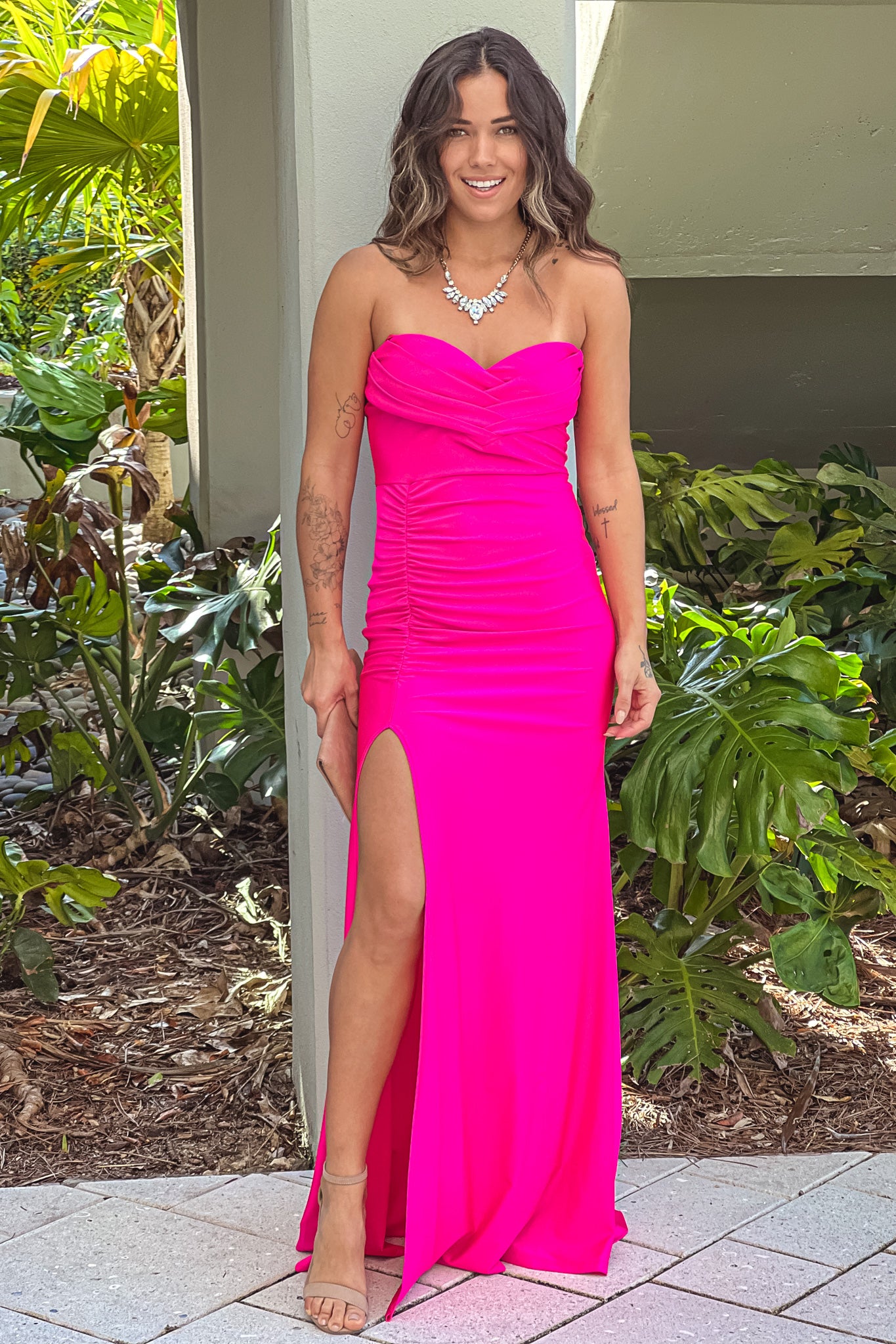hot pink strapless maxi dress with slit