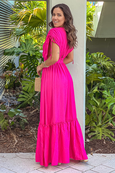 hot pink v-back maxi dress