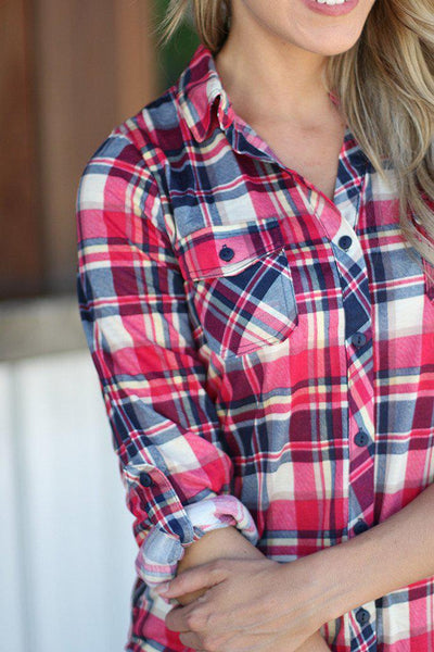 Hot Pink And Navy Plaid Top