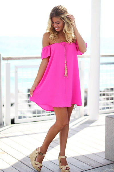 Fuchsia Off Shoulder Short Dress