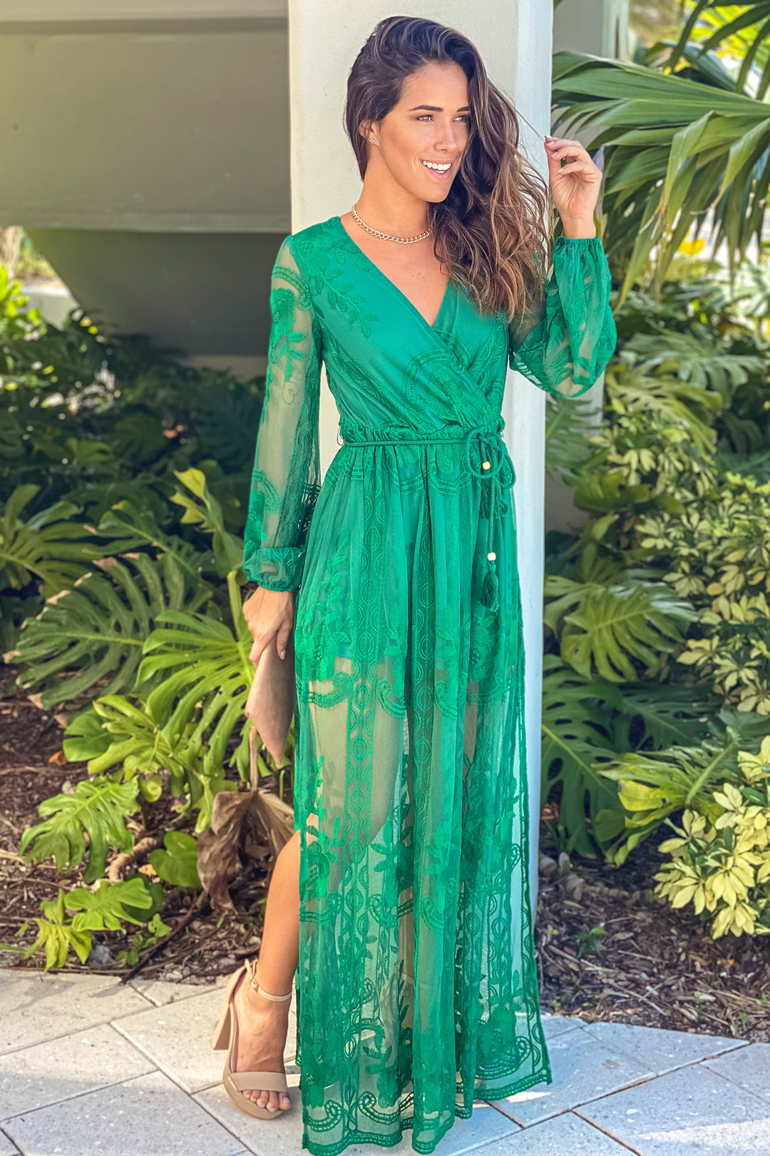 Hunter Green Lace Maxi Dress With Belt Hunter Green Lace Maxi Dress With Belt