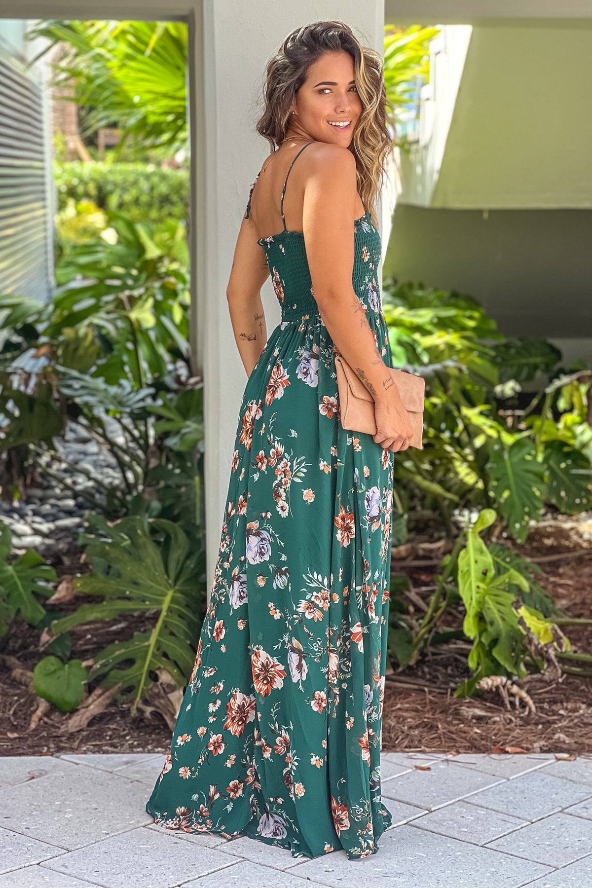 Hunter Green Floral Smocked Top Maxi Dress With Slit