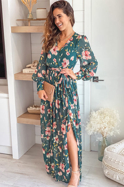 hunter green floral maxi with slit