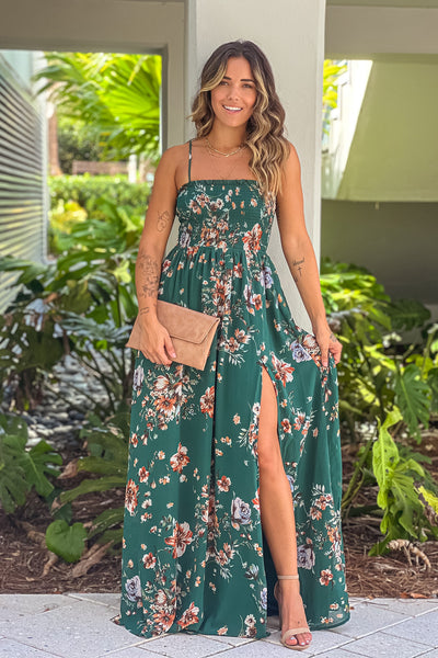 hunter green floral smocked top maxi dress with slit