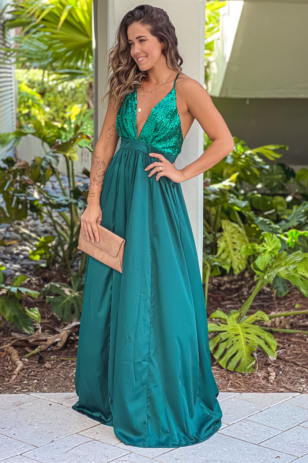 Hunter Green V-Neck Sequin Top Maxi Dress