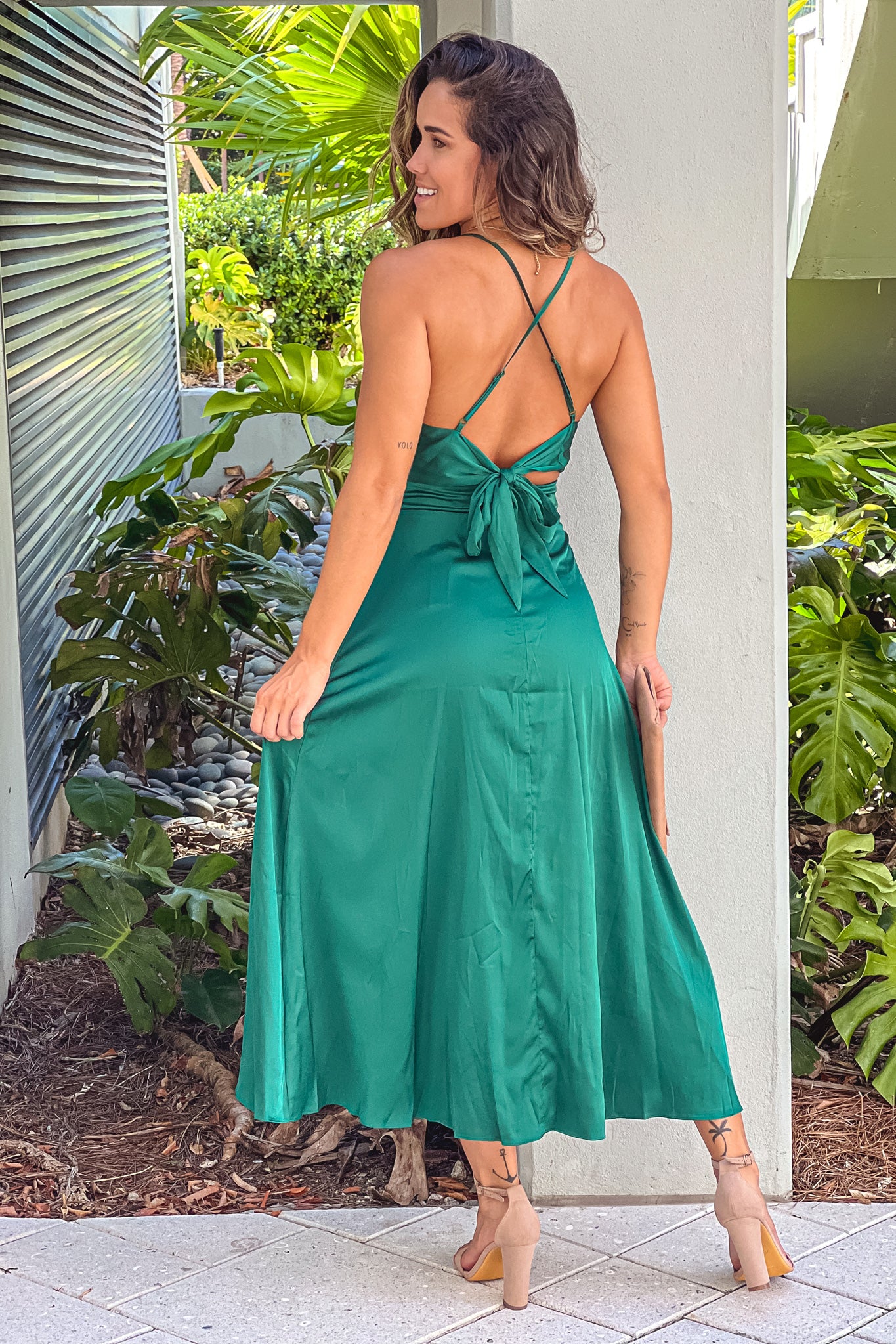 hunter green high low dress with criss cross back