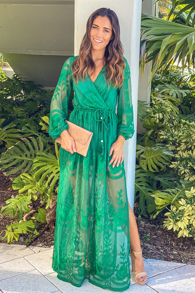 hunter green lace maxi dress with belt