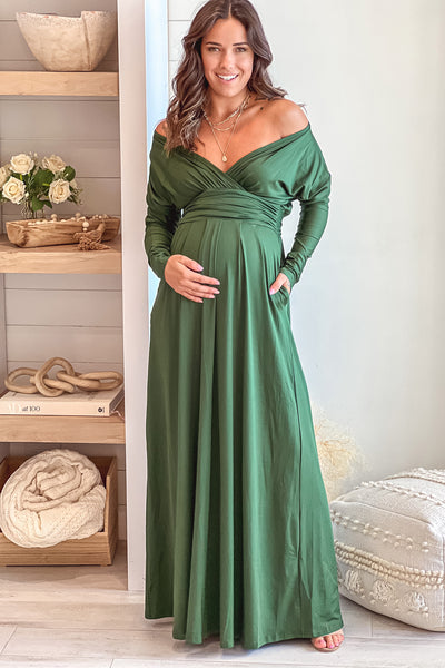 hunter green maternity maxi dress with dolman sleeves and pockets