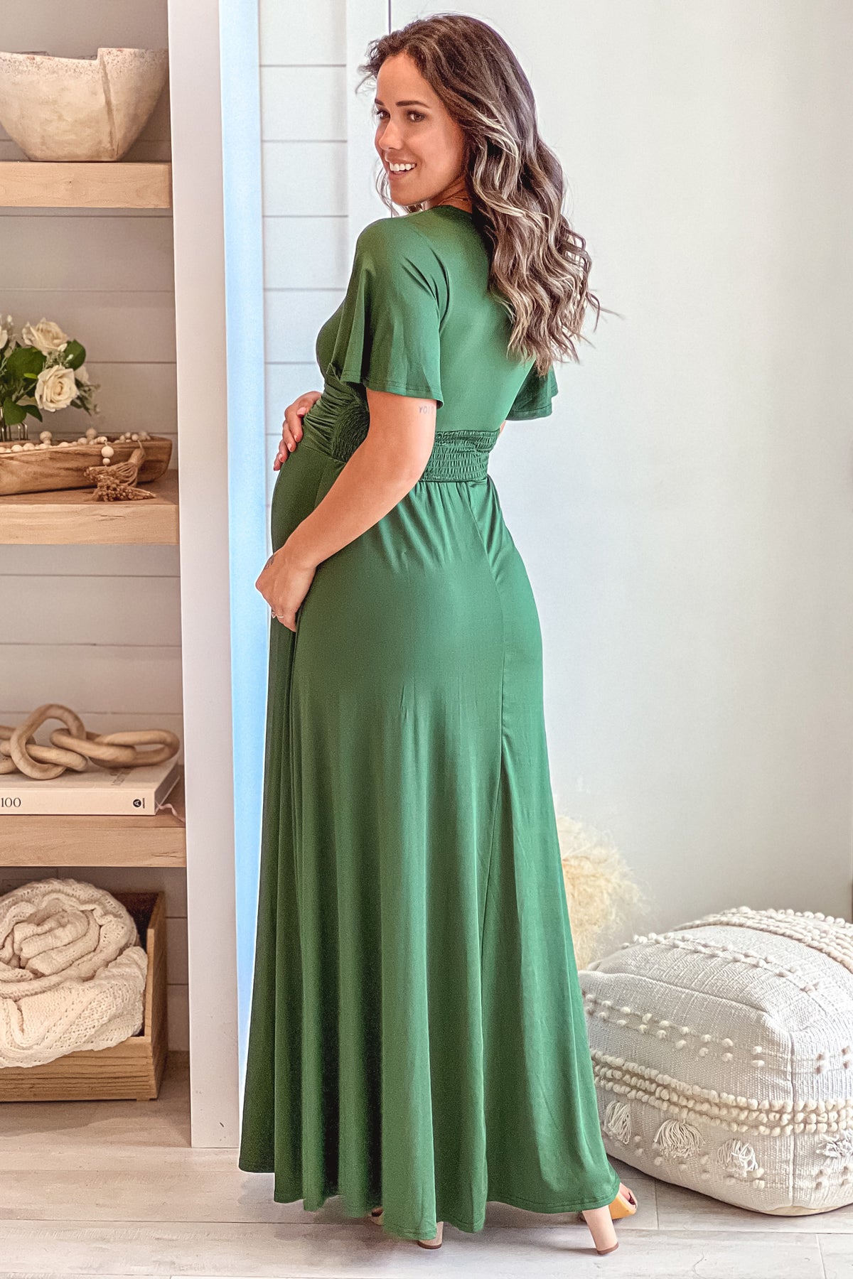Hunter Green Maternity Maxi Dress with Slit and Short Sleeves | Saved By The Dress Saved by the Dress Hunter Green Maternity Maxi Dress with Slit and Short Sleeves | Saved By The Dress Saved by the Dress