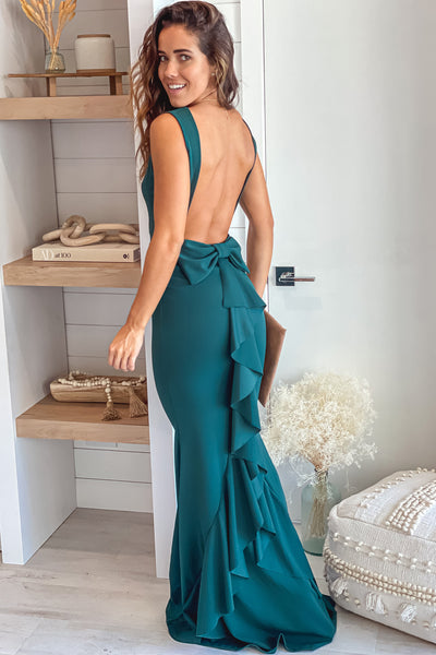 hunter green maxi dress with bow detail
