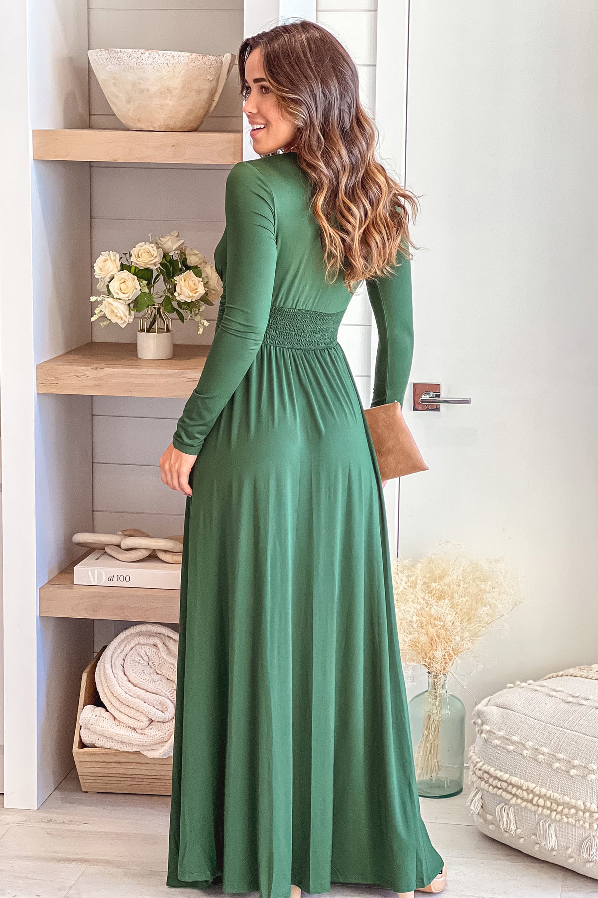 Hunter Green V-Neck Maxi Dress With Long Sleeve And Slit | Maxi Dresses Saved by the Dress Hunter Green V-Neck Maxi Dress With Long Sleeve And Slit | Maxi Dresses Saved by the Dress