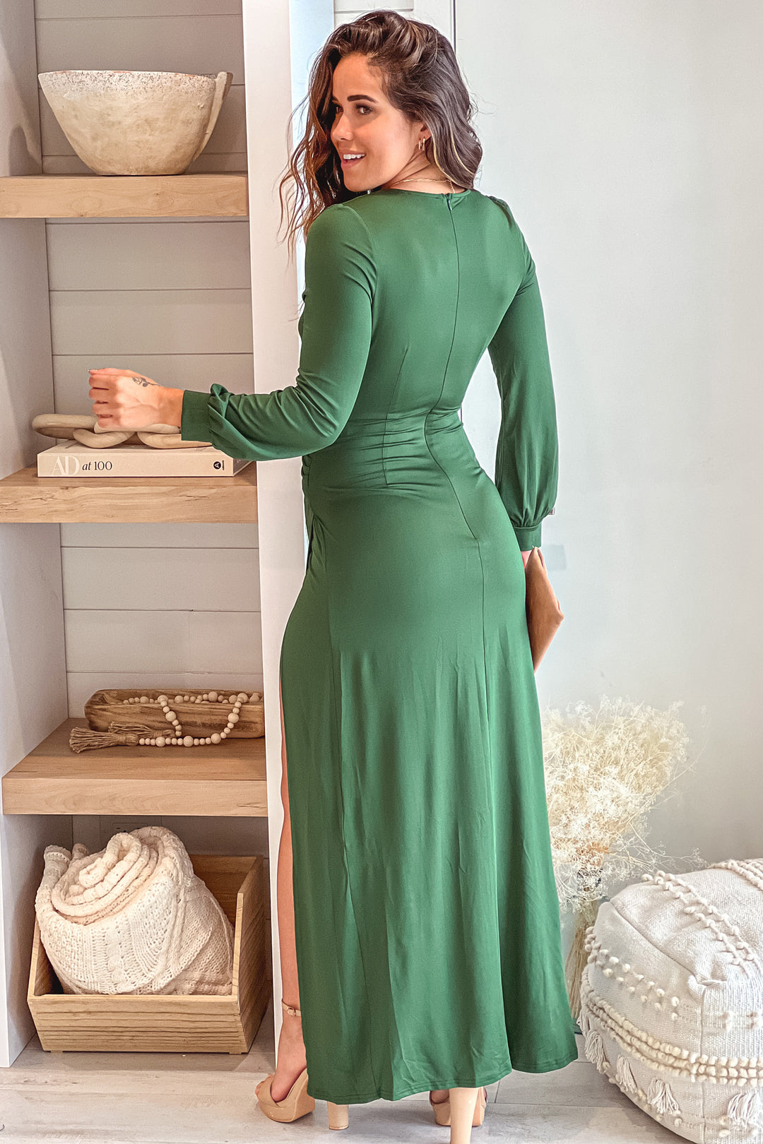 hunter green long sleeve maxi dress Vintage Dark Green Linen Maxi Dress – Ruffled Collar & Cuffs – 1651 –  Xiaolizi main image 0