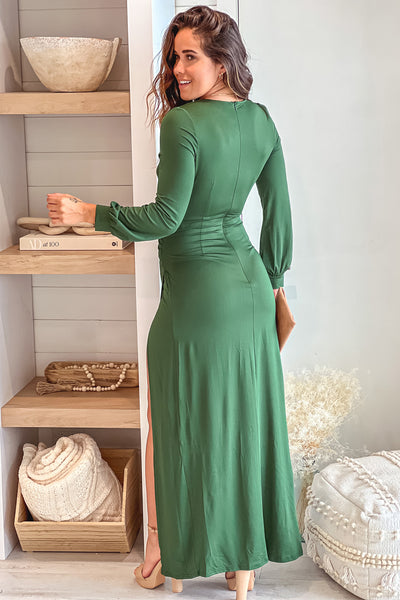 hunter green maxi dress with long sleeves