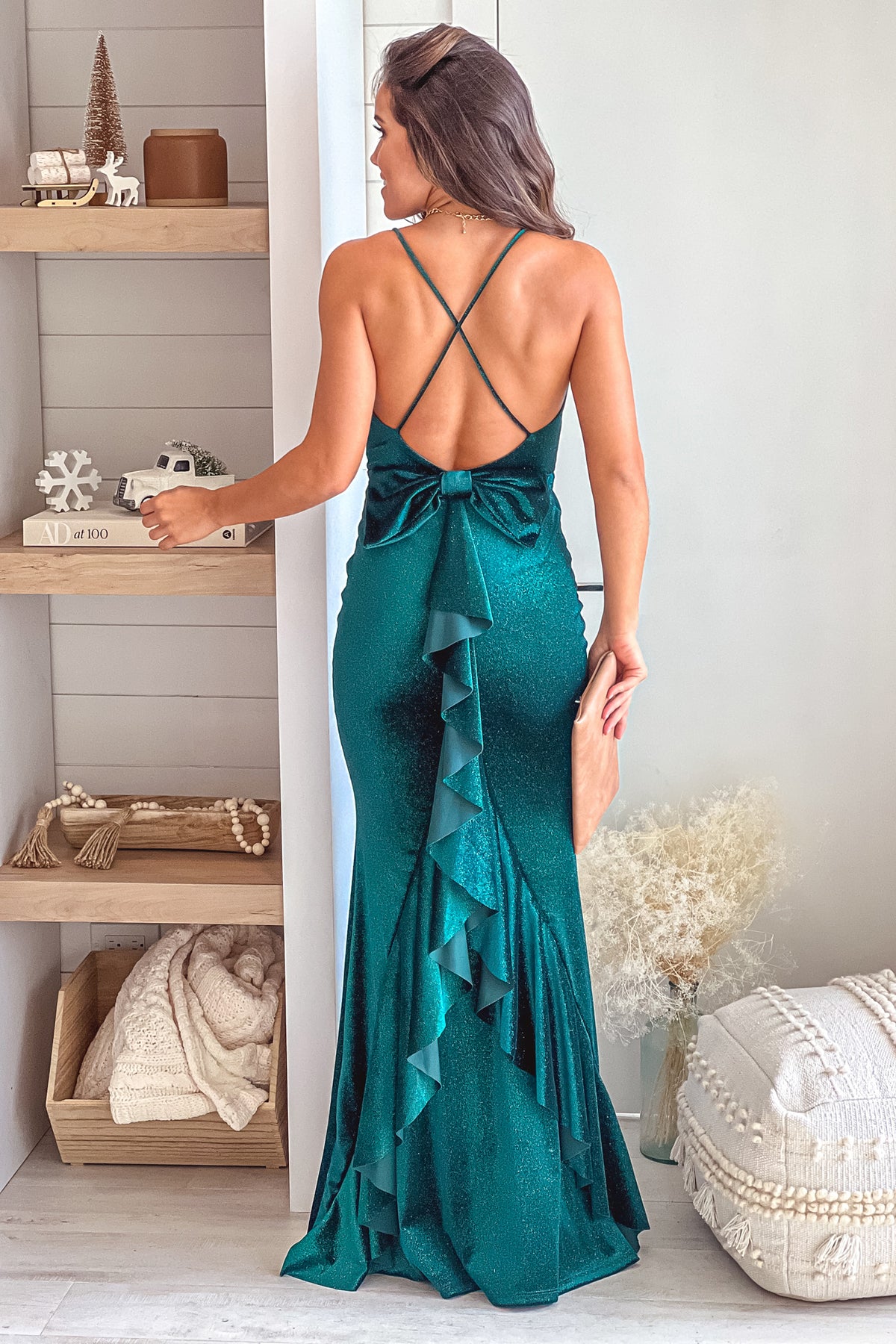 Hunter Green Shine Velvet Maxi Dress With Open Back And Bow Detail