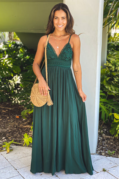 hunter green maxi dress with tie back