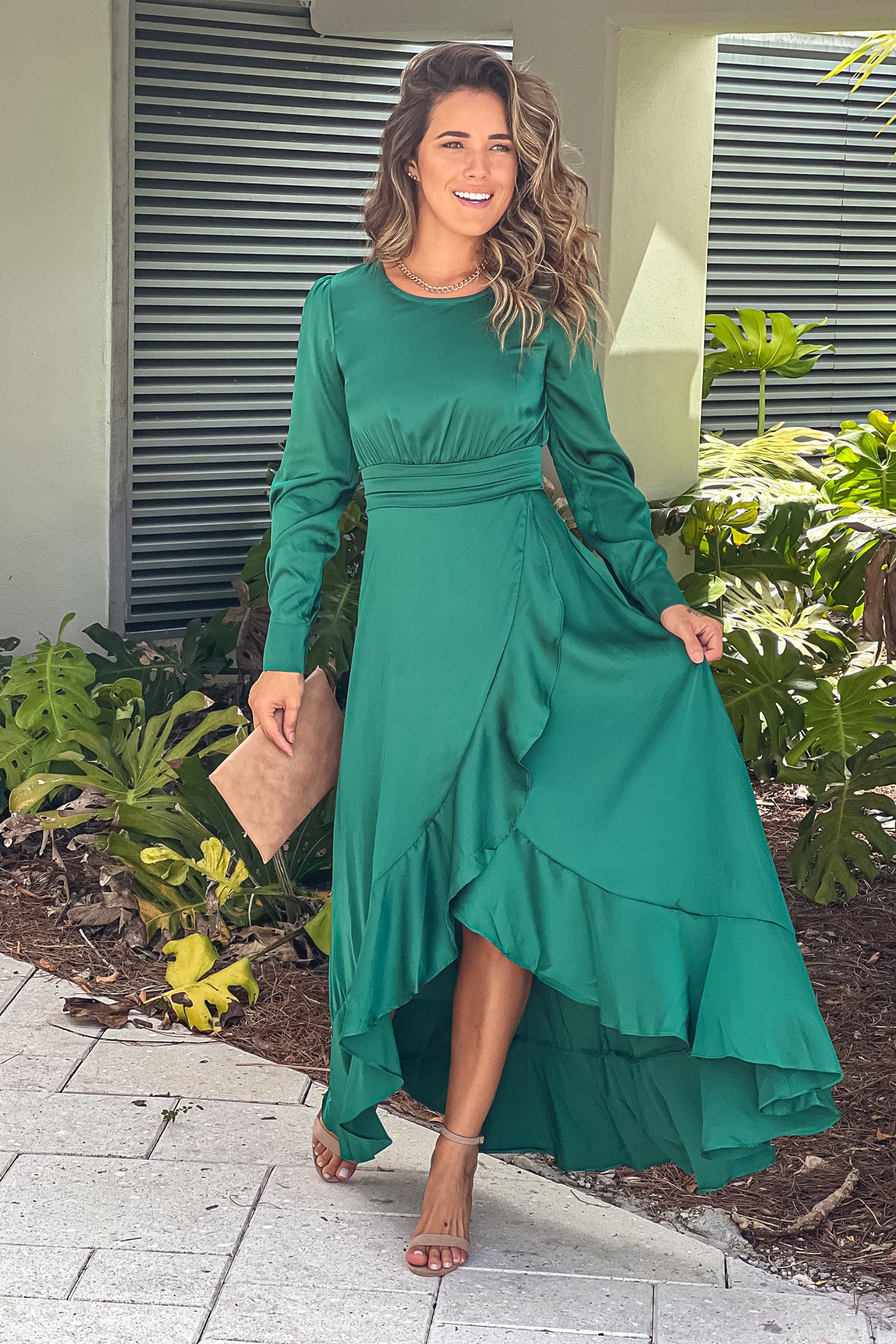 Hunter Green Satin Maxi Dress With Slit And Long Sleeves