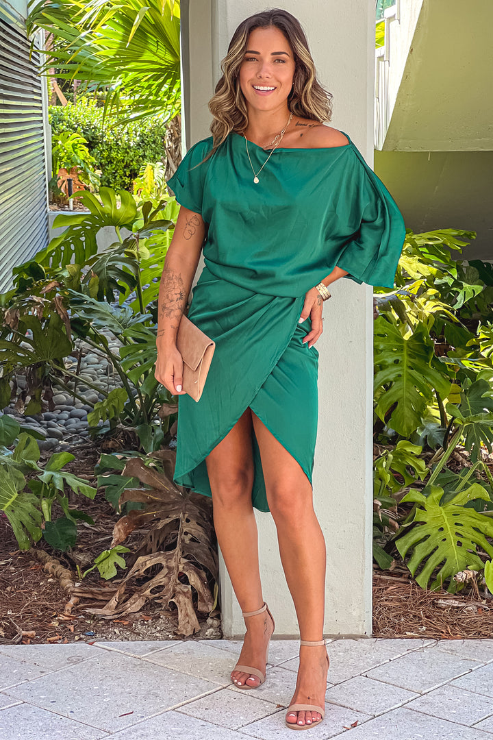 Hunter Green Off Satin One Shoulder Midi Dress | Bridesmaid Dresses Saved by the Dress Hunter Green Off Satin One Shoulder Midi Dress | Bridesmaid Dresses Saved by the Dress