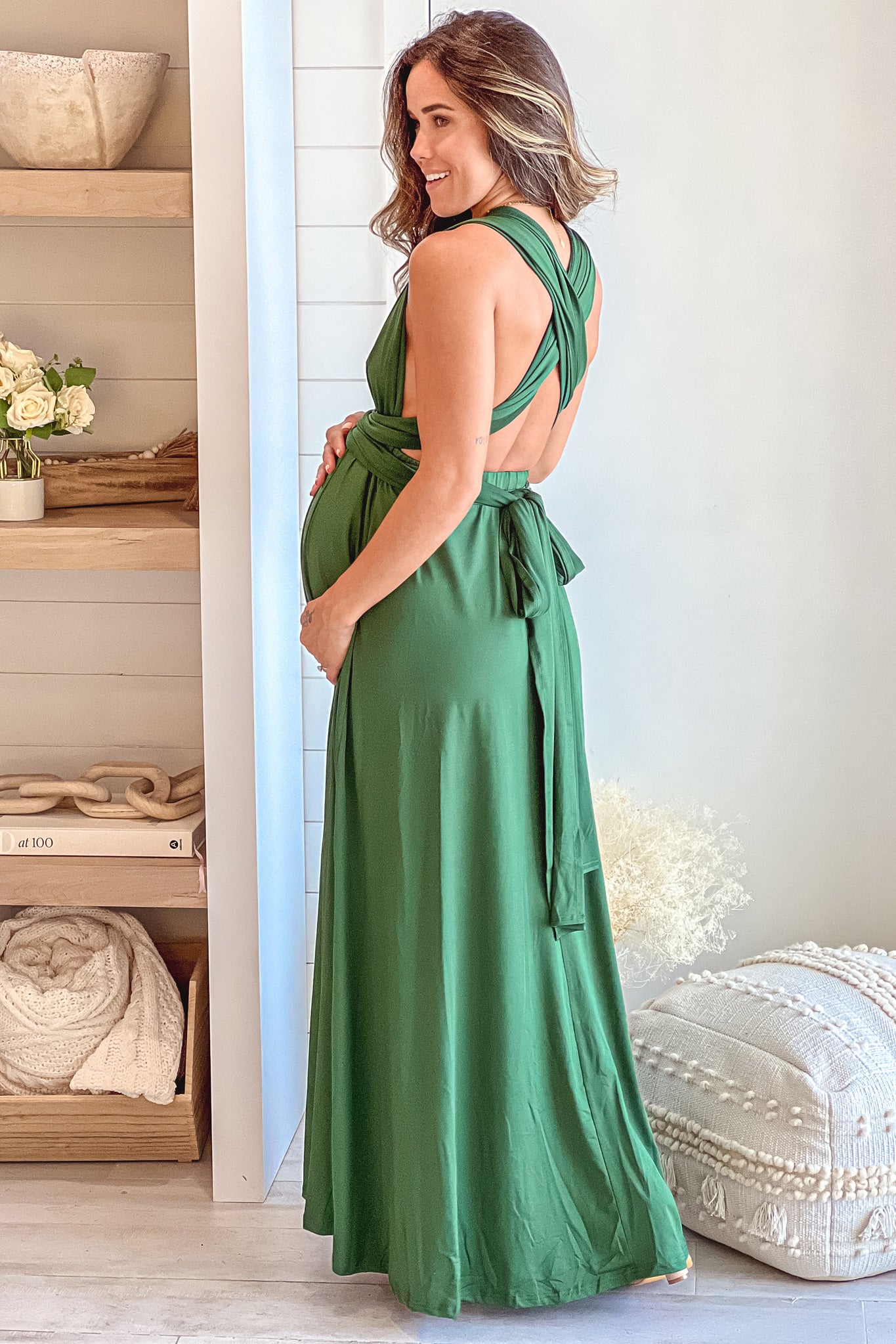 hunter green multi tie maternity maxi dress