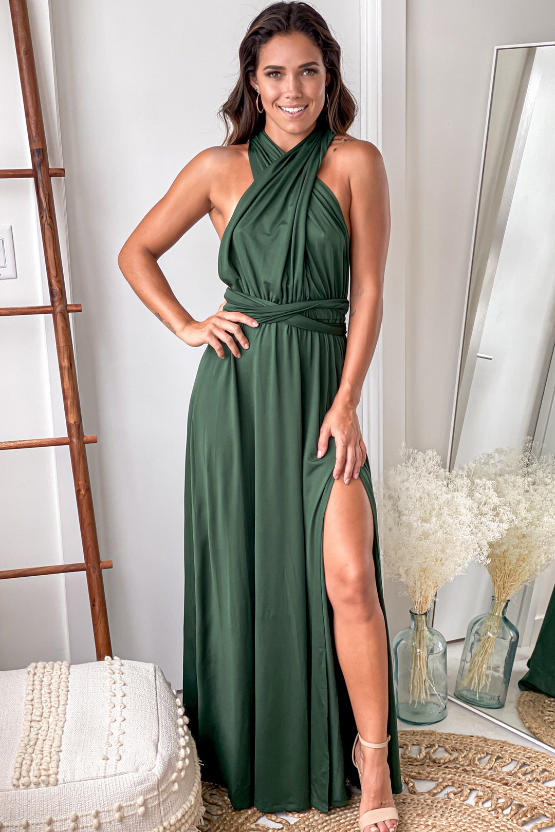 slim fit dress slacks Hunter Green Multi Tie Maxi Dress With Slit