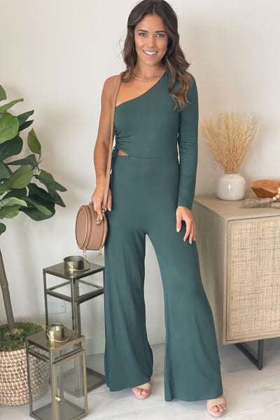 hunter green one shoulder jumpsuit with ruched detail