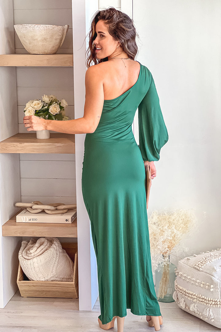 Hunter Green One Shoulder Long Sleeve Maxi Dress With Slit | Maxi Dresses   Saved by the Dress