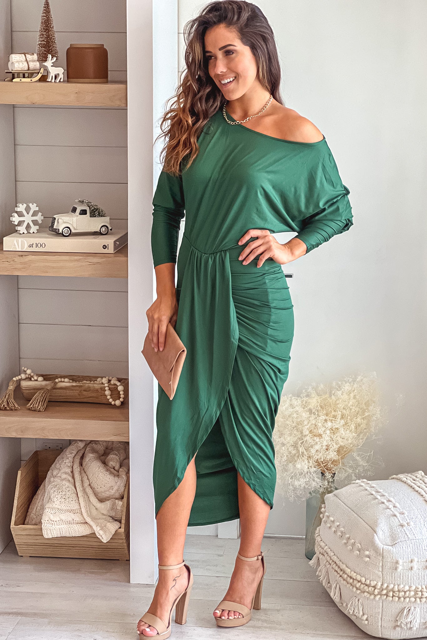 hunter green ruched dress Dark Green Ruched Round Neck Bodycon Midi Work Dress with Sleeves