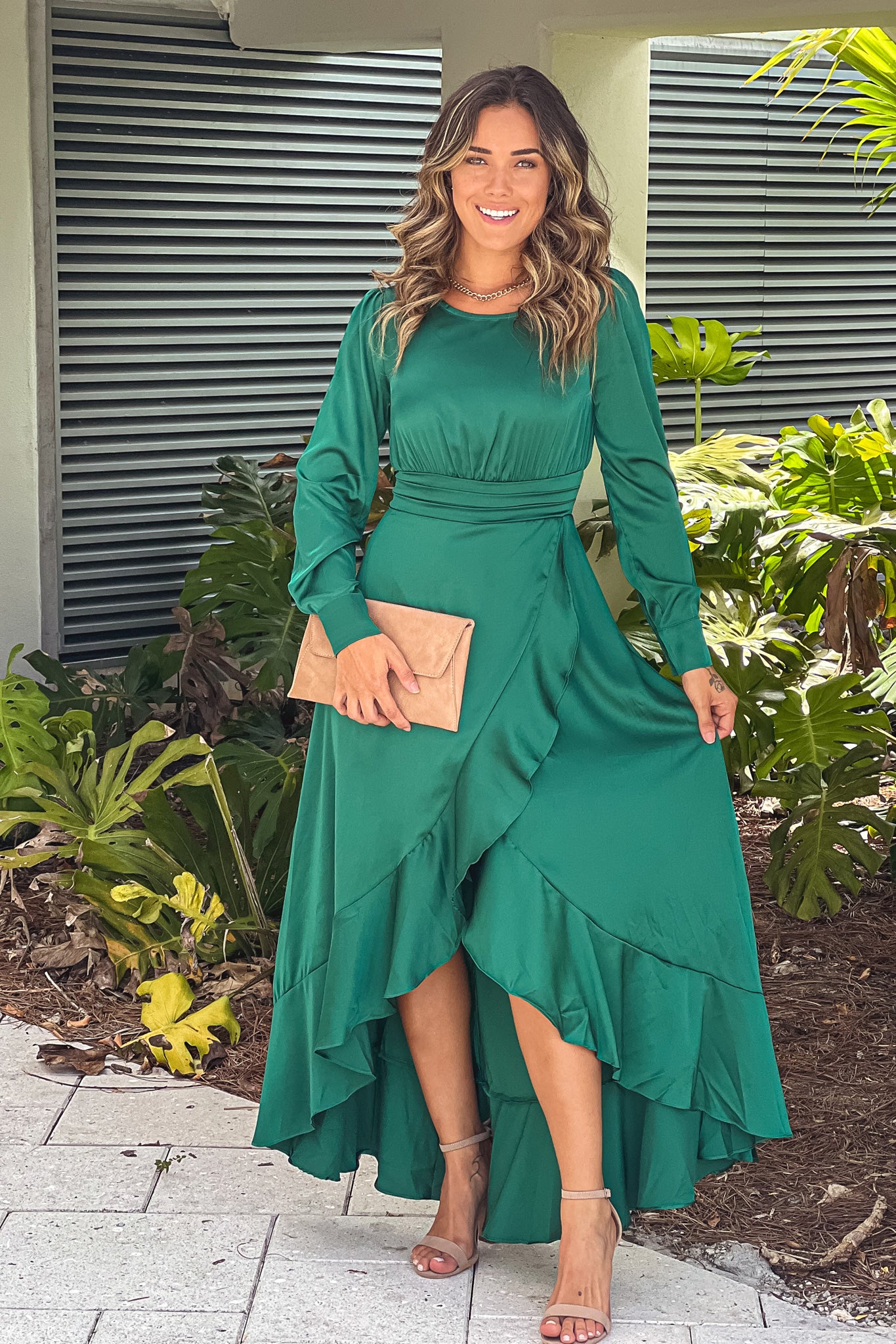 hunter green satin maxi dress with slit and long sleeves