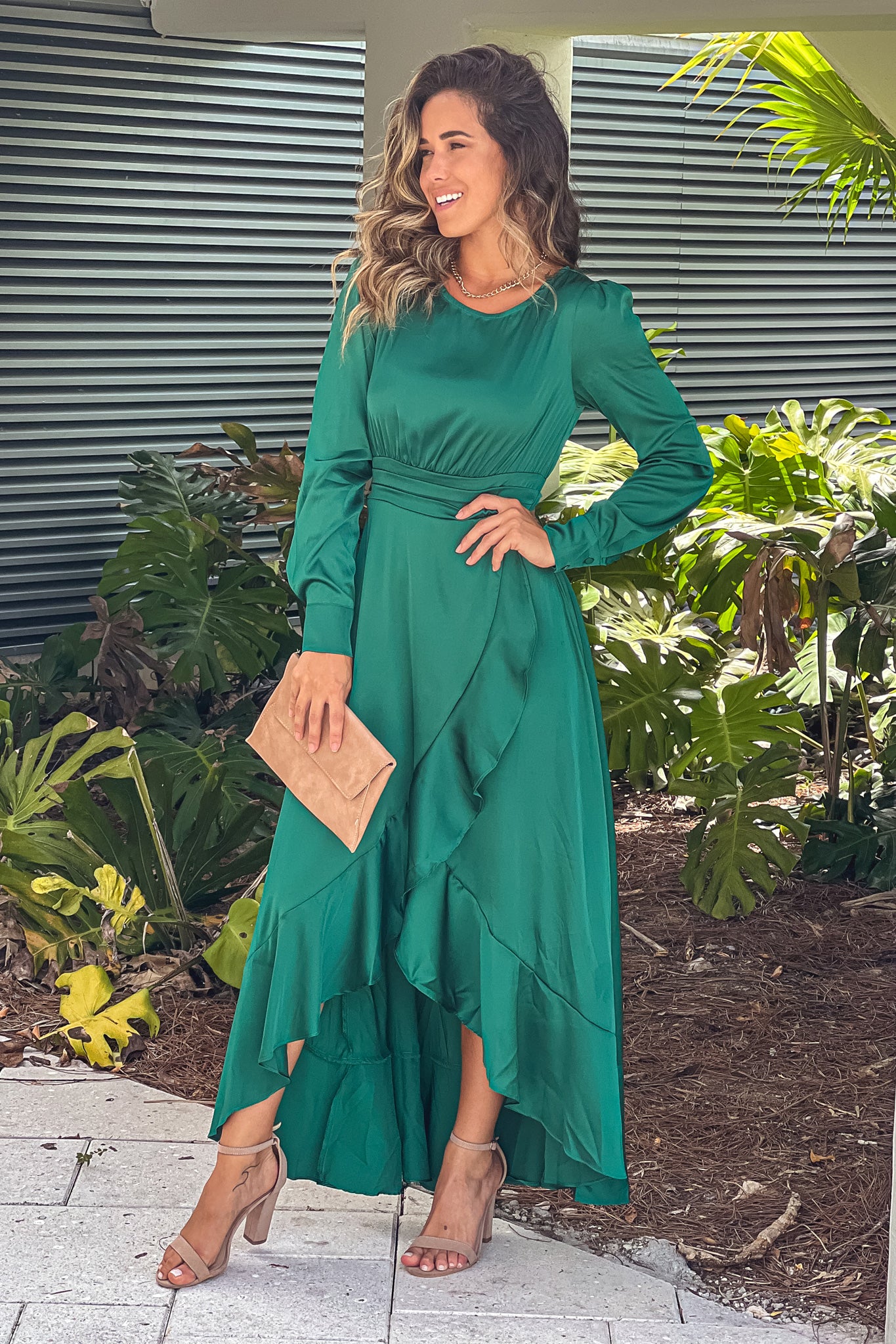 Hunter Green Satin Maxi Dress With Slit And Long Sleeves
