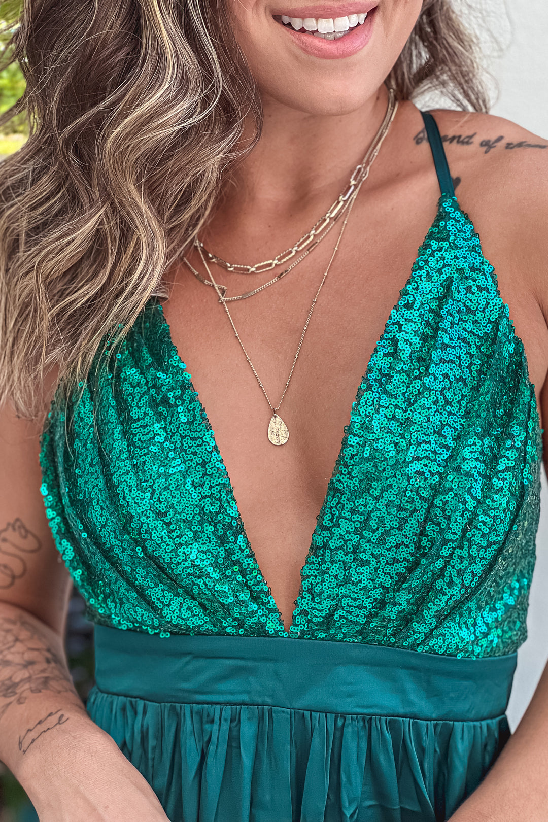 maxi deep v neck dress cleavage Hunter Green V-Neck Sequin Top Maxi Dress