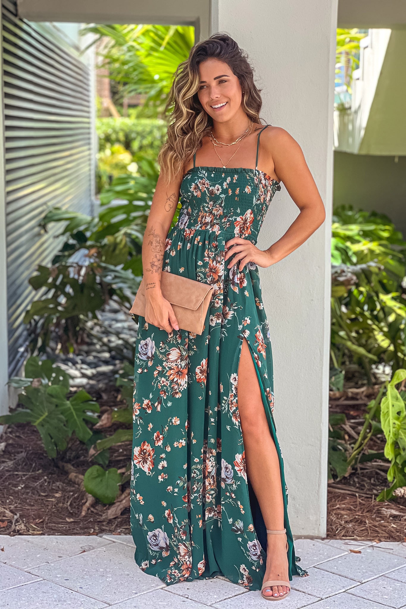 Hunter Green Floral Smocked Top Maxi Dress With Slit