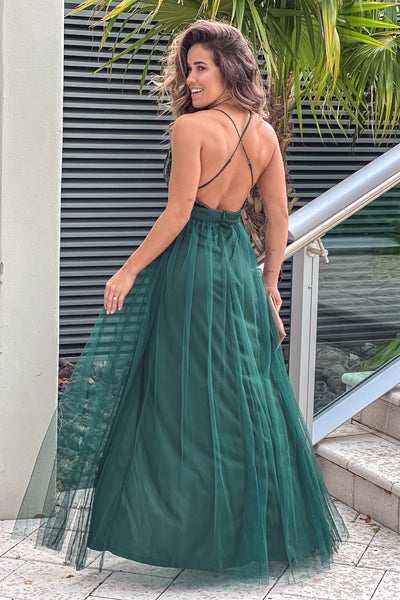 hunter green tulle maxi dress with criss cross back