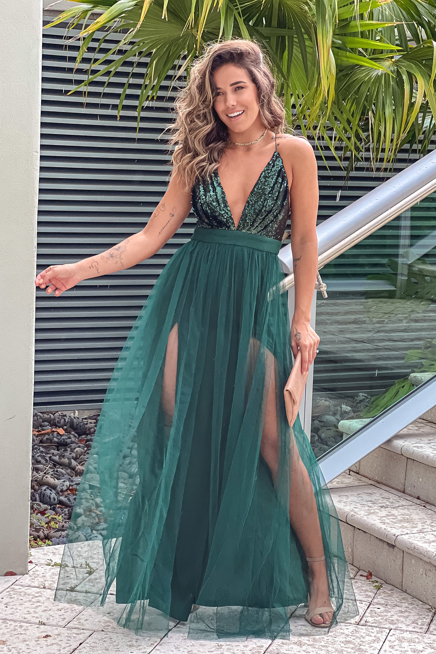 hunter green tulle maxi dress with sequin top and criss cross back