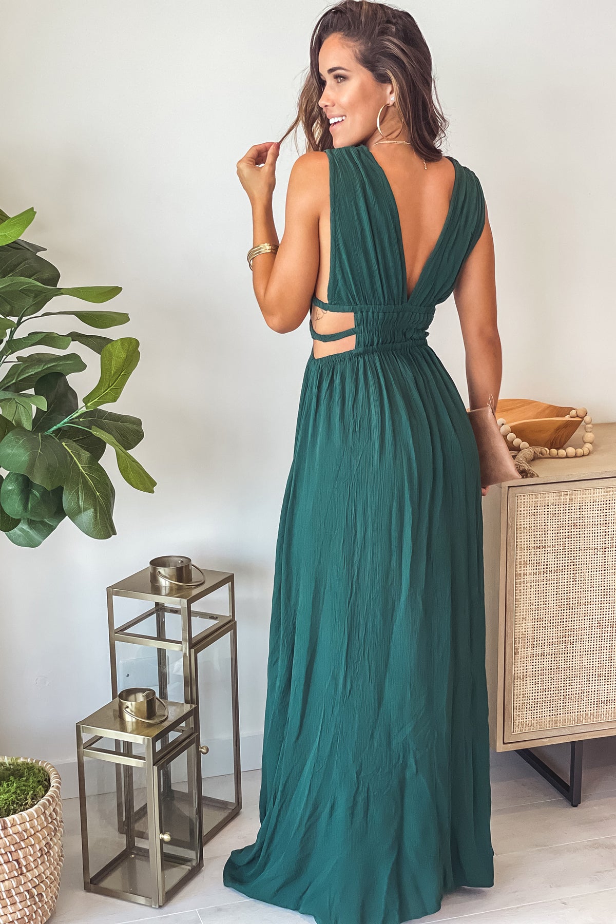 ivory V-Neck Maxi Dress With Cut Out And Slit