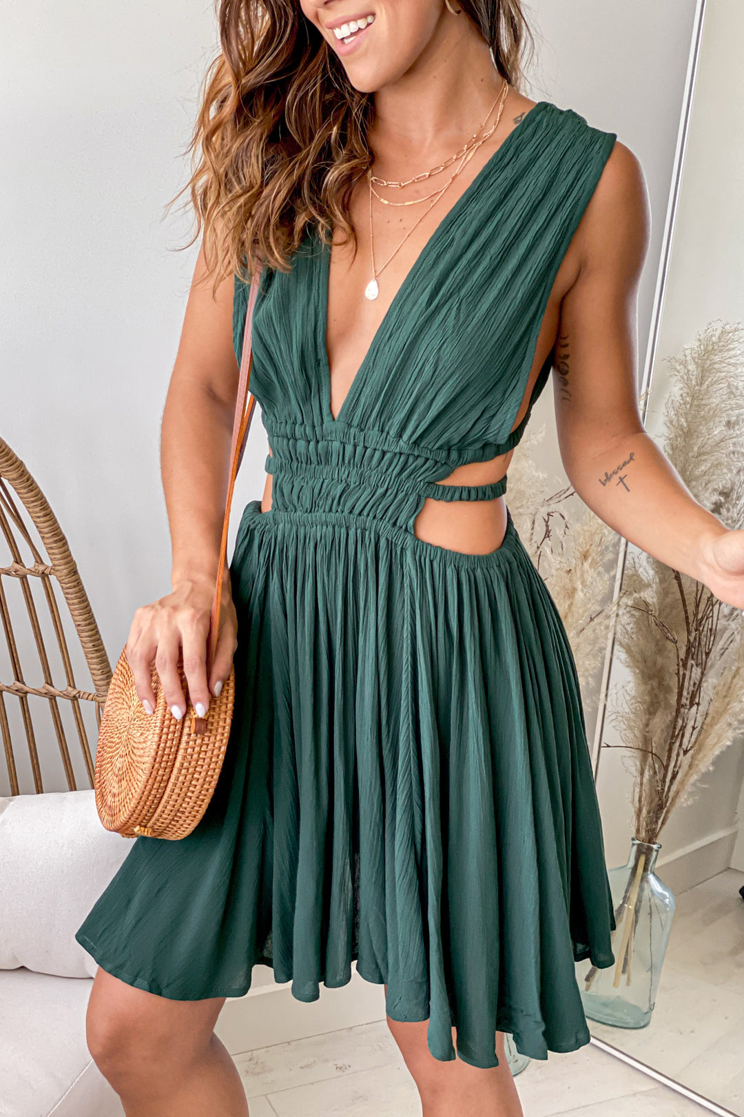 Hunter Green V-Neck Short Dress With Side Cutouts | Short Dresses Saved by the Dress Hunter Green V-Neck Short Dress With Side Cutouts | Short Dresses Saved by the Dress