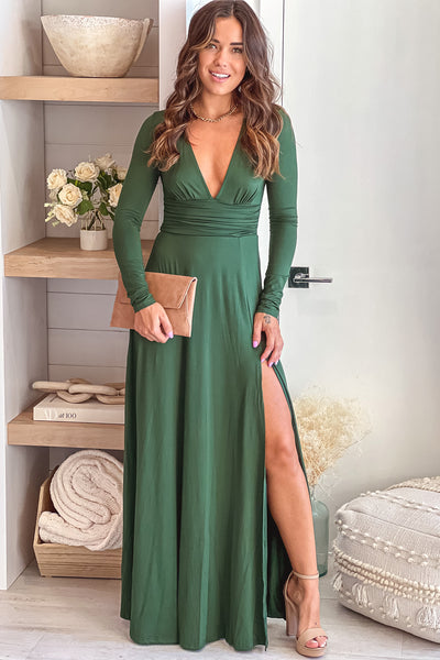 hunter green v-neck maxi dress with long sleeve and slit