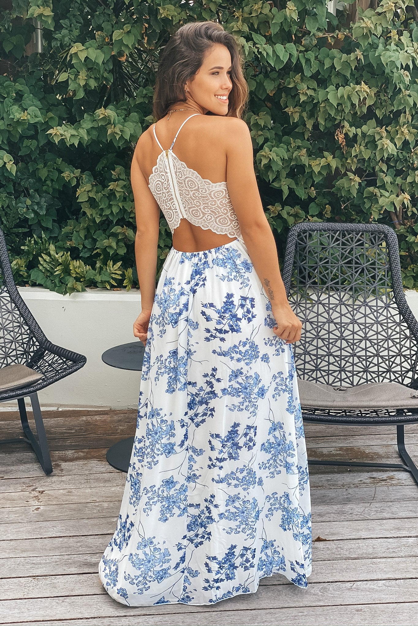 ivory and blue floral maxi dress with lace back