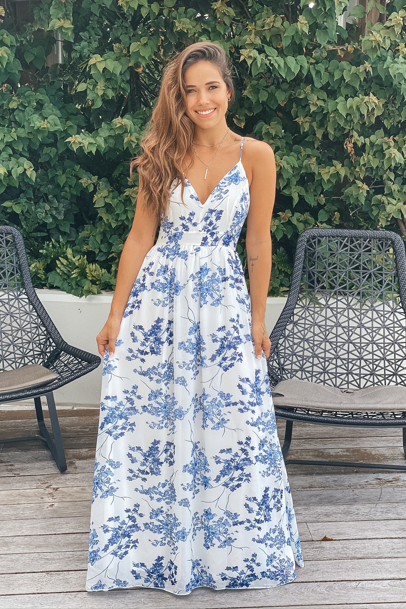 ivory and blue floral prom dress
