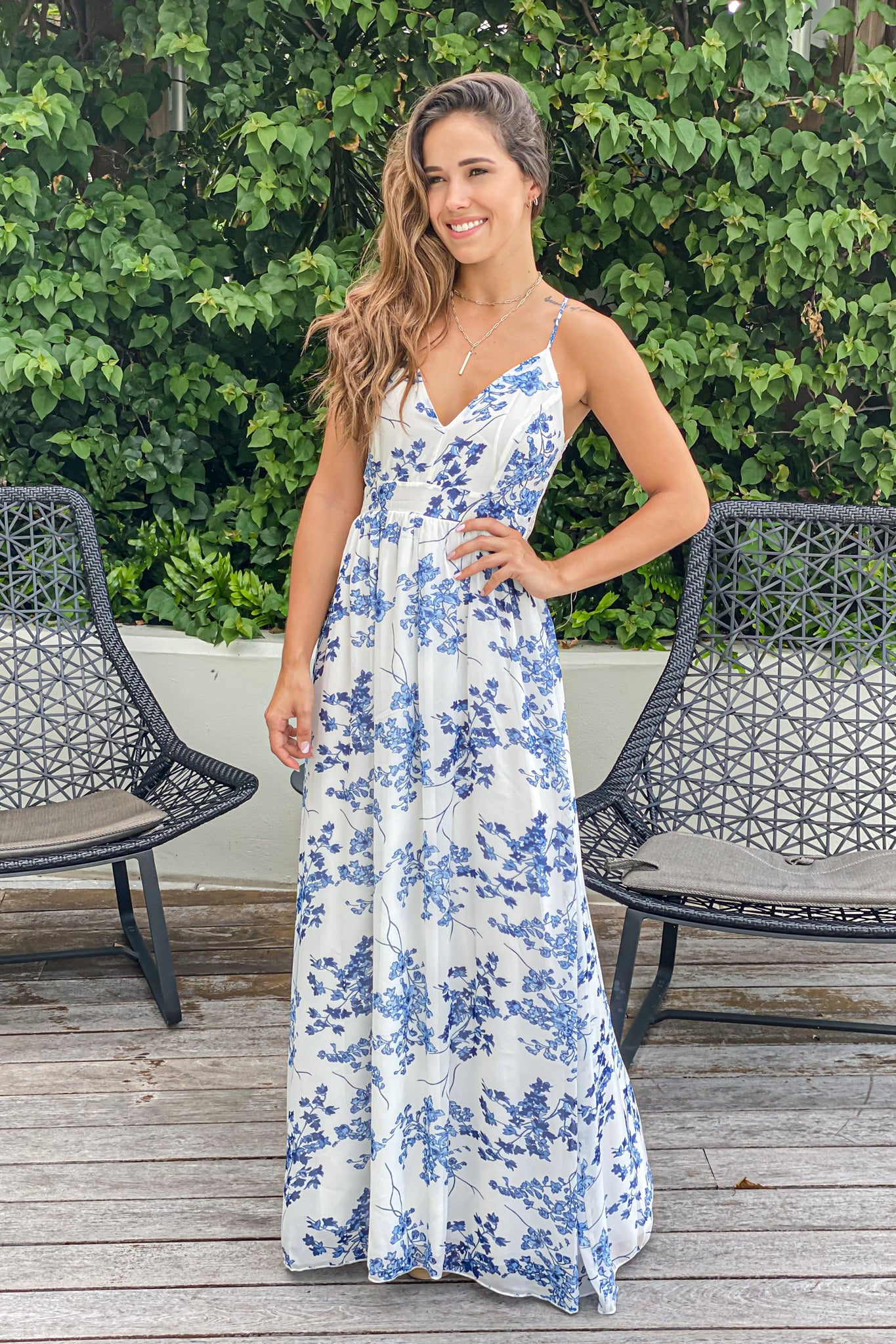 ivory and blue floral vacation dress