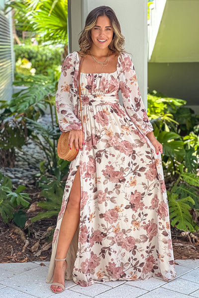 ivory and mauve floral maxi dress with long sleeves