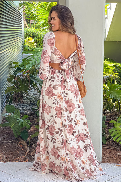 ivory and mauve floral maxi dress with self tie back