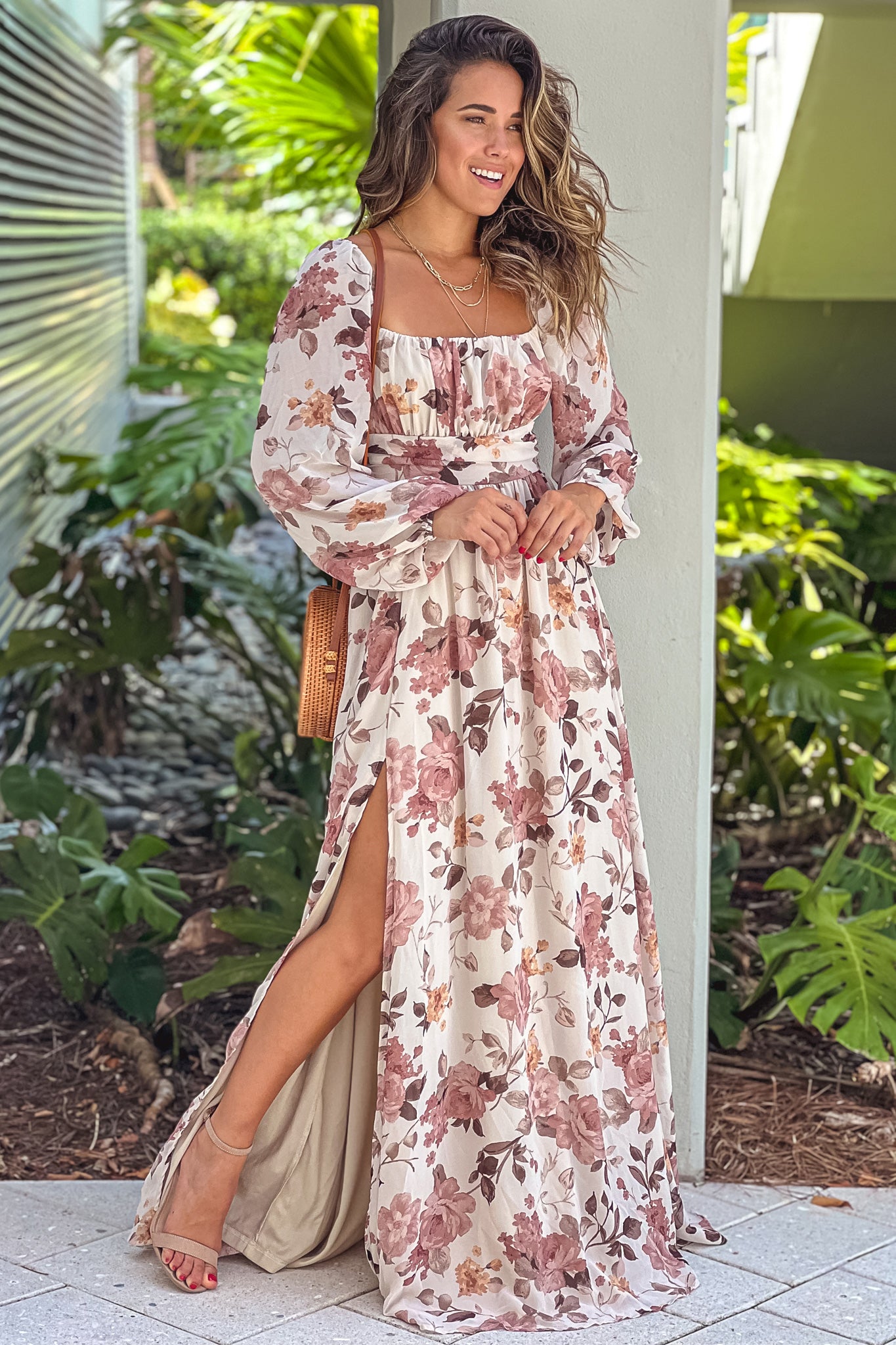 ivory and mauve floral maxi dress with slit